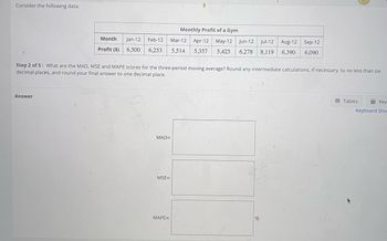 Consider the following data:
Month
Profit ($)
Answer
Monthly Profit of a Gym
Jan-12 Feb-12 Mar-12 Apr-12 May-12 Jun-12 Jul-12 Aug-12 Sep-12
6,500 6,253. 5.514 5.357 5,425 6,278 8,119 6,390 6,090
Step 2 of 5: What are the MAD, MSE and MAPE scores for the three-period moving average? Round any intermediate calculations, if necessary, to no less than six
decimal places, and round your final answer to one decimal place.
MAD=
MSE=
MAPE=
%
Tables
Key
Keyboard Shor