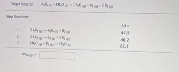 Target Reaction:
Step Reactions:
1
2
3
AHtarget"
A₂B4 (1) + CB40 (1)
2 AB3 (g) → A2B4 (1) + B2 (g)
-
2 AB3 (g) → A2 (g) + 3 B2 (g)
CB₂O(g) + B2 (8)
+ CBAO (\)
1
-
1
CB₂0 (g) + A2 (g) + 3 B2 (g)
ΔΗ =
44.5
46.2
82.1