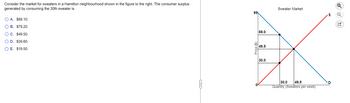 Consider the market for sweaters in a Hamilton neighbourhood shown in the figure to the right. The consumer surplus
generated by consuming the 30th sweater is
OA. $89.10.
E
O B. $79.20.
OC. $49.50
O D. $39.60.
OE. $19.50.
99
Price (3
69.0
49.5
30.0
Sweater Market
30.0 49.5
Quantity (Sweaters per week)
Q
S Q