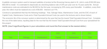 A pallette conveyor system used to transport pallettes of product at the Browning Harvey plant in St. John's costs $160,000 plus
$50,000 to install. It is estimated to depreciate at a declining balance rate of 25% per year over its 15-year useful life. Annual
maintenance costs are estimated to be $9,500 for the first year, increasing by 20% every year thereafter. In addition, every third
year, the rollers must be replaced at a cost of $9,000. Interest is at 11%.
Construct a spreadsheet that has the following headings: Year, Salvage Value, Maintenance Costs, and the EAC of each of
Capital Costs, Maintenance Costs and a Total Equivalent Annual Costs (as used in the lectures and is shown below).
The economic life of the conveyor system is determined by the year that has the lowest Total Equivalent Annual Cost. Complete
the row of the table below, inputting data for the row that has the lowest Total Equivalent Annual Cost from your spreadsheet for
this project:
NOTE: (Use 5 significant figures in your calculations and round the final answer to the nearest dollar.)
Year
Salvage
Maintenance
EAC
Capital
EAC
Maintenance
EAC
Total