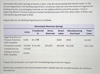 Adirondack Mountain Springs produces a clean, crisp all natural spring feed bottled water. In the
second department, the Bottling Department, conversion costs are incurred evenly throughout the
bottling process, put packaging materials are not added until the end of the process. Costs in
beginning Work-in-Process Inventory include transferred costs of $1,570, direct labor of $500, and
manufacturing overhead of $350.
August data for the Bottling Department is as follows:
Production started
Transferred out
Units
Beginning Work-in-
Process Inventory 4,000 $1,570
40% Complete
Ending Inventory
60% complete
Adirondack Mountain Springs
Transferred Direct Direct
Materials Labor
In
166,000 $132,200
150,000
20,000
$500
Manufacturing
Overhead
$350
$33,000 $33,500 $22,340
Total
Costs
$2,420
$221,040
Prepare the production cost report for the Bottling Department for August.
(Round your answers to two decimal places when needed and use rounded answers for all future
calculations).