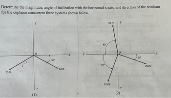 Determine the magnitude, angle of inclination with the horizontal x axis, and direction of the resultant
for the coplanar concurrent force systems shown below.
75 lb
Y
Y
(1)
30°
60 lb
X
80°
70°
95 NY
110 N
(2)
20°
100 N