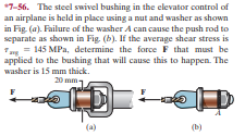 *7-56. The steel swivel bushing in the clevator control of
an airplane is held in place using a nut and washer as shown
in Fig. (a). Failure of the washer A can cause the push rod to
separate as shown in Fig. (b). If the average shear stress is
Tng = 145 MPa, determine the force F that must be
applied to the bushing that will cause this to happen. The
washer is 15 mm thick.
20 mm -
(a)
(b)
