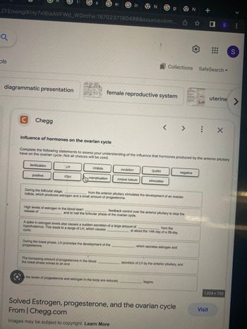 Q
=ZFEnwngiKHy7x16iaAVFWd_WDmYw: 1670237180486&source=lnm...
ols
diagrammatic presentation
Chegg
fertilization
positive
LH
S Ges Gin
FSH
High levels of estrogen in the blood exert
release of
inhibits
menstruation
female reproductive system
Influence of hormones on the ovarian cycle
Complete the following statements to assess your understanding of the influence that hormones produced by the anterior pituitary
have on the ovarian cycle. Not all choices will be used.
ovulation
corpus luteum
The increasing amount of progesterone in the blood
the luteal phase comes to an end.
N G g
and to halt the follicular phase of the ovarian cycle.
During the luteal phase, LH promotes the development of the
progesterone.
A spike in estrogen levels also causes a sudden secretion of a large amount of
hypothalamus. This leads to a surge of LH, which causes
cycle.
During the follicular stage,
from the anterior pituitary stimulates the development of an ovarian
follicle, which produces estrogen and a small amount of progesterone.
the levels of progesterone and estrogen in the body are reduced,
GnRH
stimulates
feedback control over the anterior pituitary to stop the
Collections SafeSearch -
from the
at about the 14th day of a 28-day
< > : X
, which secretes estrogen and
begins.
✩✩
N +
secretion of LH by the anterior pituitary, and
negative
Solved Estrogen, progesterone, and the ovarian cycle
From | Chegg.com
Images may be subject to copyright. Learn More
L
S :
uterine
Visit
1,024 x 732
S