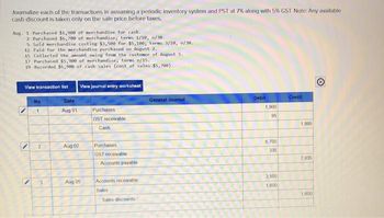 Journalize each of the transactions in assuming a periodic inventory system and PST at 7% along with 5% GST. Note: Any available
cash discount is taken only on the sale price before taxes.
Aug. 1 Purchased $1,900 of merchandise for cash.
2 Purchased $6,700 of merchandise; terms 1/10, n/30.
5 Sold merchandise costing $3,500 for $5,100; terms 3/10, n/30.
12 Paid for the merchandise purchased on August 2.
15 Collected the amount owing from the customer of August 5.
17 Purchased $5,900 of merchandise; terms n/15.
19 Recorded $6,900 of cash sales (cost of sales $5,700)..
View transaction list
No
1
2
3
Date
Aug 01
Aug 02
View journal entry worksheet
Aug 05
Purchases
GST receivable
Cash
Purchases
GST receivable
Accounts payable
Accounts receivable.
Sales
Sales discounts
General Journal
Debit
1,900
95
6,700
335
3,500
1,600
Credit
1,995
7,035
1,600
Ⓒ