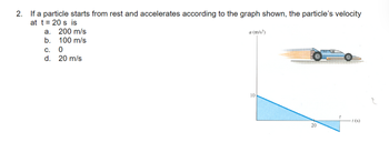 2. If a particle starts from rest and accelerates according to the graph shown, the particle's velocity
at t = 20 s is
a. 200 m/s
b.
100 m/s
C. 0
d. 20 m/s
a (m/s²)
10
20
t(s)