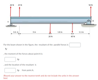 40 N
25 N
50 N
в
A
1.6 m
3 m
1.8 m
1.1 m
20 N
45 N
For the beam shown in the figure, the resultant of the parallel forces is
, the moment of the forces about point A is
, and the location of the resultant is
A from point A.
(Round your answer to the nearest tenth and do not include the units in the answer
box)
