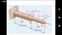 % AE
TR = 1200 N-m
Tc = 400 N:m
A
40
B|
750 mm
30
C
600 mm
