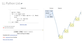 LL Python List A
1
2 myList = None
3 for i in range (1,6):
4
5
6
7
➡8 8 cur
if myList == None: myList = [i, None]
else:
➡line that just executed
➡next line to execute
cur [i, myList]
myList cur
None
Python 3.6
<< First
Visualized with pythontutor.com
NEW: subscribe to our YouTube
Move and hide objects
=
Edit this code
< Prev Next >
Done running (21 steps)
Last >>
0
Frames
Global frame
myList
i 5
cur
None
Objects
list
Mo 0
5
1
list
0
4
1
list
0
3
1
list
0
2
1