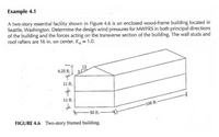 Example 4.1
A two-story essential facility shown in Figure 4.6 is an enclosed wood-frame building located in
Seattle, Washington. Determine the design wind pressures for MWFRS in both principal directions
of the building and the forces acting on the transverse section of the building. The wall studs and
roof rafters are 16 in. on center. K = 1.0.
12
6.25 ft.
3D
11 ft.
11 ft.
-100 ft.-
50 ft.-
FIGURE 4.6 Two-story framed building.
