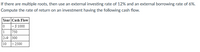 If there are multiple roots, then use an external investing rate of 12% and an external borrowing rate of 6%.
Compute the rate of return on an investment having the following cash flow.
Year Cash Flow
|-s 1000
1
750
2-9 300
10
-2500
