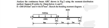 Analyse the continuous beam ABC shown in Fig.2 using the moment-distribution
method. Support B settles by 10mm below A and C.
E =200 kN/mm² and 1=16x10 mm. Sketch the bending moment diagram. (
8 kN
3 kN/m
(2EI)
8m
B
2m
(EI)
+
2m