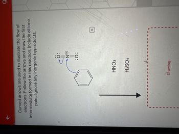 K
Curved arrows are used to illustrate the flow of
electrons. Follow the arrows and draw the first
intermediate formed in this reaction. Include all lone
pairs. Ignore any inorganic byproducts.
HNO3
Drawing
:0=
O:
-11
NO
:O:
H2SO4
Q