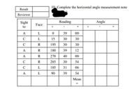 III Complete the horizontal angle measurement note
Result
Reviewer
Sight
Reading
Angle
Face
to
11
A
39
00
L
15
30
30
R
195
30
30
A
R
180
39
12
A
R
270
40
00
C
R
285
30
54
L
105
31
06
A
L
90
39
54
Mean
