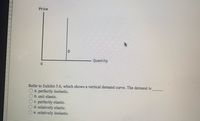 Price
Quantity
Refer to Exhibit 5.6, which shows a vertical demand curve. The demand is
a. perfectly inelastic.
b. unit elastic.
C. perfectly elastic.
d. relatively elastic.
e. relatively inelastic.
