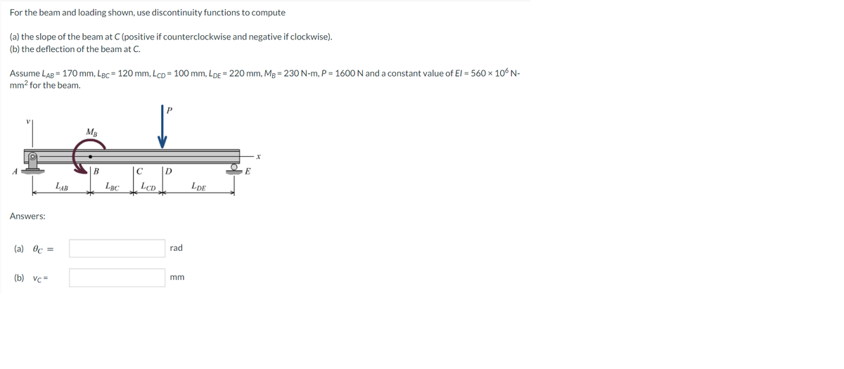 Solved) - For the beam and loading shown, use discontinuity functions to  (2 Answers)