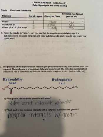 Table 1. Emulsion Formation
Emulsion has formed
(Yes or No)
NO
es
1. From the results in Table 1, can you say that the soap is an emulsifying agent, a
substance able to cause nonpolar and polar substances to mix? How did you reach your
conclusion?
Fron
Sample
Water
Water plus oil
Water plus oil plus soap
Hydrophilic
head
LAB WORKSHEET- Experiment 11
Ester Hydrolysis and Soap Making
Na
0.
No. of Layers Cloudy or Clear
Clear
Clear
cloudy
2
2
water is t
2. The products of the saponification reaction you performed were fatty acid sodium salts and
glycerol. Shown below is a long chain fatty acid sodium salt. The molecule is amphiphilic
because it has a polar end (hydrophilic head) and a nonpolar portion (hydrophobic tail).
HO
Hydrophobic
tail
is able
a) What part of the molecule interacts with water?
Polar bond interacts w/water
CH3
b) Which part of the molecule interacts with a nonpolar substance like grease?
nonpolar interacts w/ grease
32