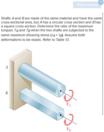 Shafts A and B are made of the same material and have the same
cross-sectional area, but A has a circular cross section and B has
a square cross section. Determine the ratio of the maximum
torques TA and TB when the two shafts are subjected to the
same maximum shearing stress (TA=TB). Assume both
deformations to be elastic. Refer to Table 3.1.
A
B
32
TA
Check my work
TB