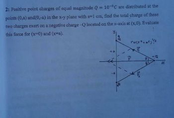 2: Positive point charges of equal magnitude Q = 10-8C are distributed at the
points (0,a) and (0,-a) in the x-y plane with a-1 cm, find the total charge of these
two charges exert on a negative charge -Q located on the x-axis at (x,0). Evaluate
this force for (x=0) and (x-a).
+
1
14
E
S 6
1
el
8