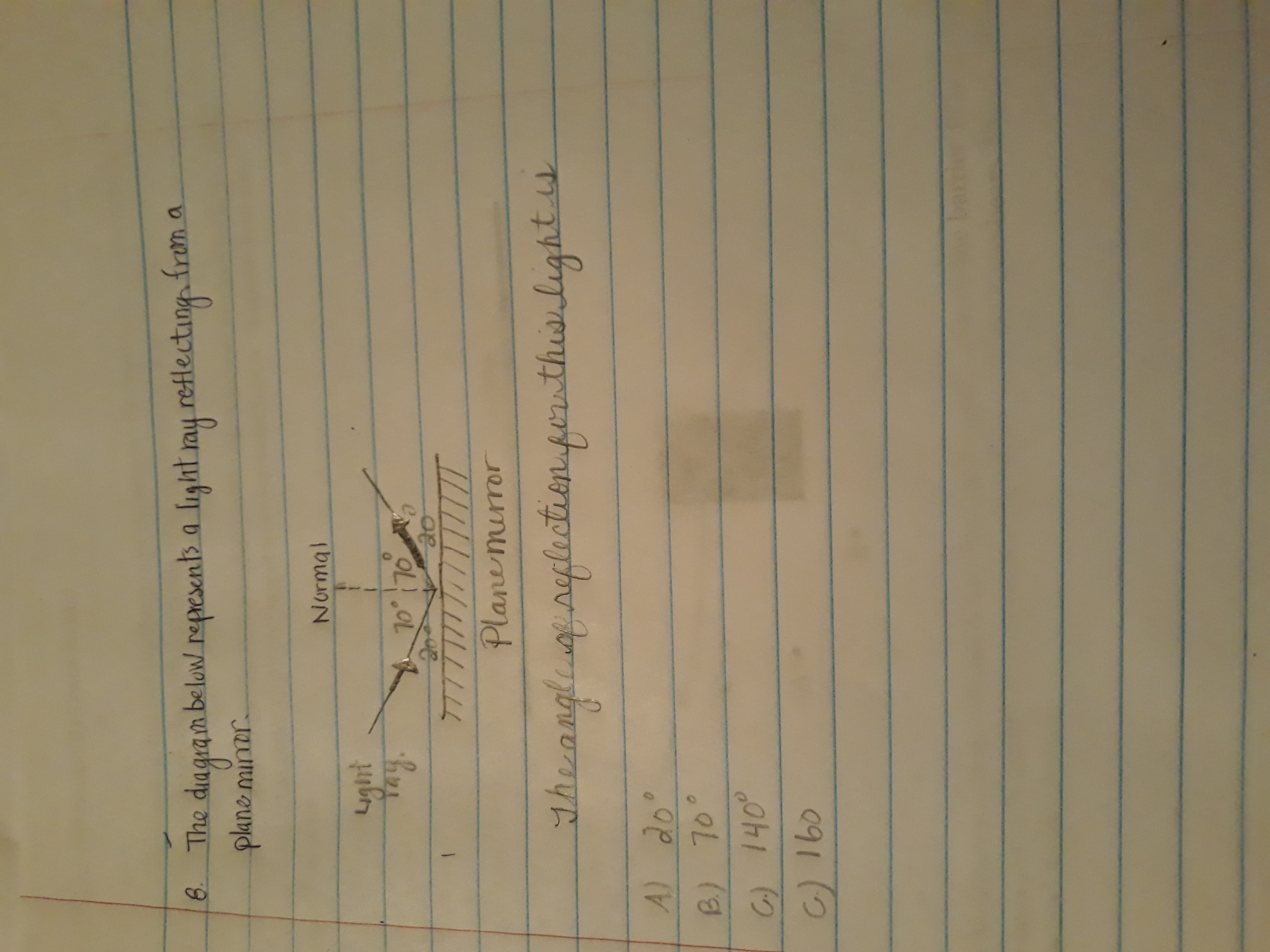 6 The dagram belaw repesentb a light ay reHlecting fram a
plane miner
Normal
ught
0
10 70
ao
TTTTI
Planemurror
dhewanglilutenpentha light
A) do
B) 70
C 1400
