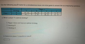 Use the following payoff matrix for a simultaneous-move one-shot game to answer the accompanying questions.
Player 2
Strategy
A
D
F
12, 11
Player 1
18, 18
23, 19
B
19, 7
3, 18
20, 12
6, 27
22, 22
a. What is player 1's optimal strategy?
O Player 1 does not have an optimal strategy.
Strategy B
Strategy A
b. Determine player 1's equilibrium payoff.