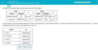 O ACIDS AND BASES
Predicting the qualitative acid-base properties of salts
Consider the following data on some weak acids and weak bases:
acid
base
K.
a
name
formula
name
formula
-4
-4
hydrofluoric acid
HF
6.8 x 10
ethylamine C2H,NH, 6.4 x 10
HCH;CO, 1.8 × 10
-5
acetic acid
ammonia
NH,
-5
1.8 × 10
Use this data to rank the following solutions in order of increasing pH. In other words, select a '1' next to the solution that will have the lowest pH, a '2' next to
the solution that will have the next lowest pH, and so on.
solution
pH
0.1 M NaF
choose one♥
0.1 М КСН3СО2
choose onev
0.1 M NH4CI
choose one♥
0.1 M NaNO3
choose one♥
?
II
