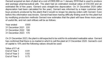 Gerrard acquired an item of plant at a cost of £800,000 on 1 January 2018 that is used to produce
and package pharmaceutical pills. The plant had an estimated residual value of £50,000 and an
estimated life of five years. Gerrard uses straight-line depreciation. On 31 December 2020 (after
depreciation had been calculated for the year), Gerrard was informed by a major customer (who
buys products produced by the plant) that it would no longer be placing orders with Gerrard. Even
before this information was known, Gerrard had been having difficulty finding work for this plant but
by modifying production methods Gerrard now estimates that the plant will have three more years
of useful life, and net cash inflows will be as follows:
Year ended:
£000
31 December 2021 220
31 December 2022 180
31 December 2023 170
On 31 December 2023, the plant is still expected to be sold for its estimated realisable value. Gerrard
has confirmed that there is no market in which to sell the plant at 31 December 2020. Gerrard's cost
of capital is 10% and the following values should be used:
Value of £1 at:
End of Year 1
End of Year 2
End of Year 3
0.91
0.83
0.75