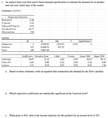 1. An analyst from your firm used a linear demand specification to estimate the demand for its product
and sent you a hard copy of the results:
SUMMARY OUTPUT
Regression Statistics
Multiple R
R Square
Adjusted R Square
Standard Error
Observations
ANOVA
Regression
Residual
Total
Intercept
Price of X
Income
0.38
0.14
0.13
20.77
150
df
2
147
149
SS
58.87
-1.64
1.11
10398.87
63408.62
73807.49
Coefficients Standard Error
15.33
0.85
0.24
MS
5199.43
431.35
t Stat
3.84
-1.93
4.63
F
12.05
P-value
0.00
0.06
0.00
Significance F
0
Lower 95%
28.59
-3.31
0.63
Upper 95%
b. Which regression coefficients are statistically significant at the 5 percent level?
a. Based on these estimates, write an equation that summarizes the demand for the firm's product.
89.15
0.04
1.56
C. When price is $10, what is the income elasticity for this product for an income level of 35?