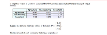 A simplified version of Leontief's analysis of the 1947 American economy has the following input-output
matrix:
Agriculture
Manufacturing
Households
Agriculture Manufacturing
0.245
0.099
0.433
0.102
0.291
0.372
Households
0.051
0.279
0.011
Suppose the demand matrix (in billions of dollars) is D =
2.6
30.3
[34.1_
Find the amount of each commodity that should be produced