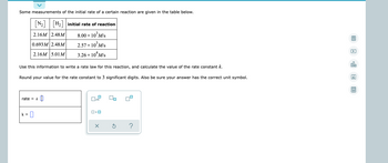 Some measurements of the initial rate of a certain reaction are given in the table below.
[N₂] [H₂] initial rate of reaction
2.16M 2.48M
8.00 × 10³ M/s
0.693 M 2.48 M
2.57 × 10³ M/s
2.16M 5.01M
3.26 × 10¹ M/s
Use this information to write a rate law for this reaction, and calculate the value of the rate constant k.
Round your value for the rate constant to 3 significant digits. Also be sure your answer has the correct unit symbol.
rate = k
0
k=
?
x10
ロ･ロ
X
▶
olo
Ar