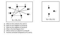 b
d
G2 = (V2, E2)
G1 = (V1, E1)
a) What are the contents of E, and Ez?
b) What are the neighbors of vertex a?
c) What are the neighbors of vertex y?
d) What is the total degree of G1?
e) Which vertices are adjacent to vertex f?
f) Find the connected components of G1 and G2.
b0
