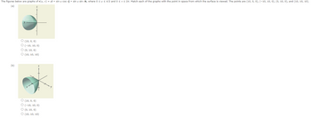 The figures below are graphs of r(u, v) = ui + sin u cos vj + sin u sin vk, where 0 ≤ u≤ π/2 and 0 ≤ v ≤ 2. Match each of the graphs with the point in space from which the surface is viewed. The points are (10, 0, 0), (-10, 10, 0), (0, 10, 0), and (10, 10, 10).
(a)
(b)
Z
O (10, 0, 0)
O (-10, 10, 0)
O (0, 10, 0)
O (10, 10, 10)
O (10, 0, 0)
O (-10, 10, 0)
O (0, 10, 0)
O (10, 10, 10)
