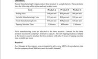 Question 4:
Ajloun Manufacturing Company makes three products in a single factory. These products
have the following selling prices and unit product costs:
Costs
Product B
$90 per unit S30 per unit S60 per unit
$35 per unit s10 per unit S20 per unit
$45 per unit S15 per unit S30 per unit
4 Minutes
Product C
Product A
Selling Price
Variable Manufacturing Costs
Fixed Manufacturing Costs
Tapping Machine Time
5 Minutes
2 Minutes
Fixed manufacturing costs are allocated to the three products. Demand for the three
products exceeds the company's productive capacity. The only tapping machine available
at the factory is used to produce the three products with only 40 hours of tapping machine
time available per week.
Required
As a Manager at the company, you are required to advice your CEO with a production plan
that the company should follow to meet the weekly demand?
