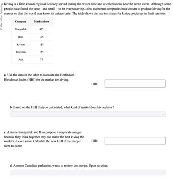 Macmillan Learning
o Kiviaq is a little known regional delicacy served during the winter time and at celebrations near the arctic circle. Although some
people have found the taste-and smell—to be overpowering, a few exuberant companies have chosen to produce kiviaq for the
masses so that the world may know its unique taste. The table shows the market shares for kiviaq producers in Inuit territory.
Company
Market share
Siorapaluk
43%
Ikuo
19%
Kivitoo
18%
Taloyoak
13%
Auk
7%
a. Use the data in the table to calculate the Herfindahl-
Hirschman Index (HHI) for the market for kiviaq.
HHI:
b. Based on the HHI that you calculated, what kind of market does kiviaq have?
c. Assume Siorapaluk and Ikuo propose a corporate merger
because they think together they can make the best kiviaq the
world will ever know. Calculate the new HHI if the merger
were to occur.
HHI:
d. Assume Canadian parliament wants to review the merger. Upon scrutiny,
