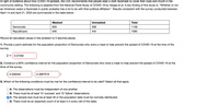 In light of evidence about how COVID-19 spreads, the CDC recommends that people wear a cloth facemask to cover their nose and mouth in the
community setting. The following is adapted from the National Panel Study of COVID-19 by Vargas et al. A key finding of this study is: "Whether or not
an American wears a facemask in public probably has a lot to do with their political affiliation". Results consistent with the survey conducted between
April 14 and April 21, 2020 are summarized in the table below:
Masked
Unmasked
Total
Democrats
829
309
1138
Republicans
640
445
1085
Round all calculated values in this problem to 4 decimal places.
1. Provide a point estimate for the population proportion of Democrats who wore a mask to help prevent the spread of COVID-19 at the time of the
survey.
p =
0.37292
2. Construct a 90% confidence interval for the population proportion of Democrats who wore a mask to help prevent the spread of COVID-19 at the
time of the survey.
( 0.356048
0.3897919
3. Which of the following conditions must be met for the confidence interval to be valid? Select all that apply.
A. The observations must be independent of one another.
B. There must be at least 10 'success' and 10 'failure' observations.
|C. The sample size must be at least 30 or the population data must be normally distributed.
D. There must be an expected count of at least 5 in every cell of the table.
