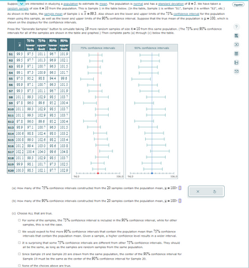 Suppos ✓ are interested in studying a population to estimate its mean. The population is normal and has a standard deviation of 5. We have taken a
random sample of size = 10 from the population. This is Sample 1 in the table below. (In the table, Sample 1 is written "S1", Sample 2 is written "S2", etc.)
As shown in the table, the sample mean of Sample 1 is = 99.3. Also shown are the lower and upper limits of the 75% confidence interval for the population
mean using this sample, as well as the lower and upper limits of the 90% confidence interval. Suppose that the true mean of the population is = 100, which is
shown on the displays for the confidence intervals.
Press the "Generate Samples" button to simulate taking 19 more random samples of size 71 = 10 from this same population. (The 75% and 90% confidence
intervals for all of the samples are shown in the table and graphed.) Then complete parts (a) through (c) below the table.
75% 75% 90% 90%
lower upper lower upper
limit limit limit limit
51 99.3 97.5 101.1 96.7 101.9
52 99.5 97.7
101.3 96.9 102.1
53 98.9 97.1
54 99.1 97.3
100.7 96.3 101.5
100.9 96.5 101.7
55 97.0 95.2
98.8 94.4 99.6
56 98.9 97.1 100.7 96.3 101.5
57 99.3 97.5 101.1 96.7 101.9
58 101.1 99.3 102.9 98.5 103.7
59 97.8 96.0 99.6 95.2 100.4
|sio|101.1| 993 | 1029 | 833
| 103.7
|s11|1011| $9.3 | 1029 | 933
| 103.7
S12 97.8 96.0 99.6 95.2 100.4
S13 98.9 97.1 100.7 96.3 101.5
S14 100.6 98.8 102.4 98.0 103.2
|515|100.8| 99.0 | 1026 | 932 | 103.4
s16 101.2 99.4 103.0 98.6 103.8
s17 102.2 100.4 104.0 99.6 104.8
S18 101.1 99.3 102.9 98.5 103.7
S19 99.9 98.1 101.7 97.3 102.5
s20 100.3 98.5 102.1 97.7 102.9
94.0
75% confidence intervals
106.0 94.0
90% confidence intervals
106.0
(a) How many of the 75% confidence intervals constructed from the 20 samples contain the population mean, μ = 100?
(b) How many of the 90% confidence intervals constructed from the 20 samples contain the population mean, = 100?
(c) Choose ALL that are true.
For some of the samples, the 75% confidence interval is included in the 90% confidence interval, while for other
samples, this is not the case.
We would expect to find more 90% confidence intervals that contain the population mean than 75% confidence
intervals that contain the population mean. Given a sample, a higher confidence level results in a wider interval.
It is surprising that some 75% confidence intervals are different from other 75% confidence intervals. They should
all be the same, as long as the samples are random samples from the same population.
Since Sample 19 and Sample 20 are drawn from the same population, the center of the 90% confidence interval for
Sample 19 must be the same as the center of the 90% confidence interval for Sample 20.
None of the choices above are true.
Expañol
18