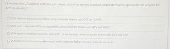 How does the VC method estimate exit values, and what are two standard corporate finance approaches to account for
debt in valuation?
O VCM relies on financial projections, while corporate finance uses DCF and CAPM.
VCM uses comparable IPOs or acquisitions, while corporate finance uses APV and WACC.
VCM applies multipliers based on sales, EBIT, or net earnings, while corporate finance uses DCF and APV.
VCM considers enterprise performance, while corporate finance focuses on equity valuation.