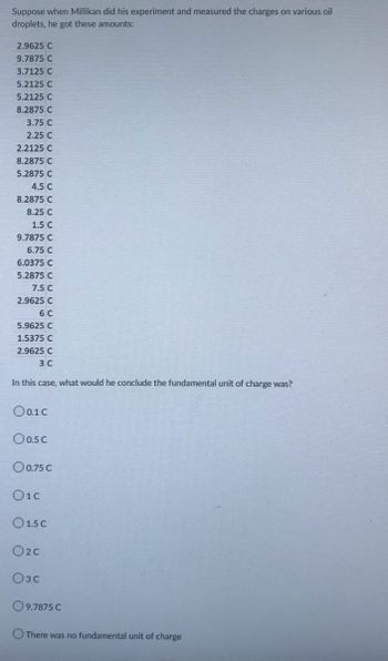 Suppose when Millikan did his experiment and measured the charges on various oil
droplets, he got these amounts:
2.9625 C
9.7875 C
3.7125 C
5.2125 C
5.2125 C
8.2875 C
3.75 C
2.25 C
2.2125 C
8.2875 C
5.2875 C
4.5 C
8.2875 C
8.25 C
1.5 C
9.7875 C
6.75 C
6.0375 C
5.2875 C
7.5 C
2.9625 C
6 C
5.9625 C
1.5375 C
2.9625 C
3 C
In this case, what would he conclude the fundamental unit of charge was?
00.1 C
00.5 C
O 0.75 C
01C
01.5 C
02c
03C
9.7875 C
There was no fundamental unit of charge