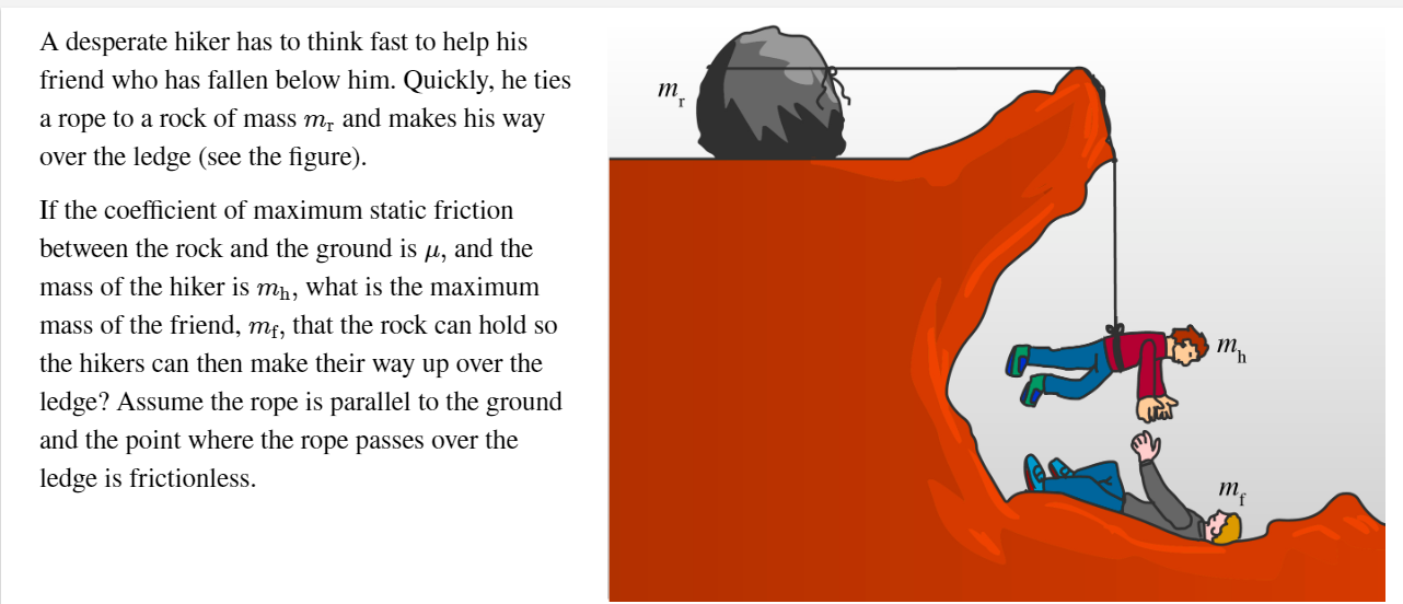 A desperate hiker has to think fast to help his
friend who has fallen below him. Quickly, he ties
т,
a rope to a rock of mass m, and makes his way
over the ledge (see the figure).
If the coefficient of maximum static friction
between the rock and the ground is µ, and the
mass of the hiker is mn, what is the maximum
mass of the friend, mf, that the rock can hold so
т,
the hikers can then make their way up over the
ledge? Assume the rope is parallel to the ground
and the point where the rope passes over the
ledge is frictionless.
т
