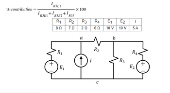 % contribution:
I R3E1
I +1
R3E1
R3E2
R₁
8 Ω
+
+1
R₁
E₁
R31
x 100
R2
R3
R4
E₁
70 20 60 10 V
a
b
R₂
(1)
I
E2
10 V
R3
I
5 A
R4
E₂
+