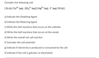 Consider the following cell:
|Zn (s) | Ca2* (aq) , so,2- (aq) || Hg²+* (aq) , F" (aq) | Pt (s)|
a) Indicate the Oxidizing Agent
b) Indicate the Reducing Agent
c) Write the half reactions that occurs at the cathode
d) Write the half reactions that occurs at the anode
e) Write the overall net cell reaction
f) Calculate the cell potential
g) Indicate if electricity is produced or consumed by the cell
h) Indicate if the cell is galvanic or electrolytic
