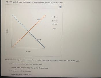 Adjust the graph to show what happens to employment and wages in the southern state.
WAGE
LABOR
Supply
Demand
Demand
Workers who find new jobs in the southern state
Workers in the northern state employed at the union wage
Employers in the northern state
All workers in the northern state
D
Supply
Which of the following groups are worse off as a result of the union action in the northern state? Check all that apply.