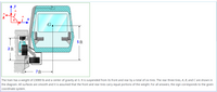 **Diagram Explanation:**

The diagram illustrates a section of a train shown in cross-section with a coordinate system indicating the xyz axes. The train has:

- A total weight of 23,000 lb and the center of gravity located at point G.
- The train is balanced on six tires, with the rear three tires labeled as A, B, and C, depicted in the diagram.
- Dimensions indicated show the vertical distance from the bottom of the train to the center of gravity (G) as 5 feet, and the horizontal distance from the center of gravity to the rear tires as 7 feet.
- A structural component near the rear tires is marked as being 2 feet high.
  
The surfaces supporting the train are smooth. It is assumed for calculations that the distribution of weight between the front and rear tires is equal. The coordinate system is clearly defined, with the positive x, y, and z directions denoted.

**Text:**

The train has a weight of 23,000 lb and a center of gravity at G. It is suspended from its front and rear by a total of six tires. The rear three tires, A, B, and C are shown in the diagram. All surfaces are smooth and it is assumed that the front and rear tires carry equal portions of the weight. For all answers, the sign corresponds to the given coordinate system.