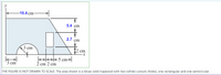 -10.4 cm
5.4 cm
2.7
cm
k3 cm
cm
-5 cm→
3 сm
2 cm 2 cm
THE FIGURE IS NOT DRAWN TO SCALE. The area shown is a (blue) solid trapezoid with two (white) cutouts (holes), one rectangular and one semicircular.
