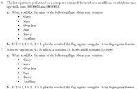 6. The last operation performed on a computer with an 8-bit word was an addition in which the two
operands were 00000010 and 00000011.
a. What would be the value of the following flags? Show your solution.
• Carry
• Zero
• Overflow
Sign
• Parity
Auxiliary
b. IfT = 1, I = 0, D = 1, plot the result of the flag register using the 16-bit flag register format.
7. Solve the operation A – B, where A contains 11110000 and B contains 0010100.
a. What would be the value of the following flags? Show your solution.
• Carry
• Zero
• Overflow
• Sign
Parity
Auxiliary
b. IfT = 1, I = 1, D = 0, plot the result of the flag register using the 16-bit flag register format.
