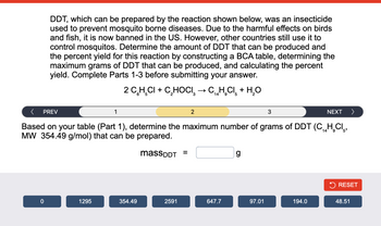 DDT, which can be prepared by the reaction shown below, was an insecticide
used to prevent mosquito borne diseases. Due to the harmful effects on birds
and fish, it is now banned in the US. However, other countries still use it to
control mosquitos. Determine the amount of DDT that can be produced and
the percent yield for this reaction by constructing a BCA table, determining the
maximum grams of DDT that can be produced, and calculating the percent
yield. Complete Parts 1-3 before submitting your answer.
PREV
NEXT >
Based on your table (Part 1), determine the maximum number of grams of DDT (C₁4H₂CI,
MW 354.49 g/mol) that can be prepared.
14
9
massDDT =
0
1295
2 C₂H₂CI+ C₂HOCI → C₁H₂Cl₂ + H₂O
3
14 9
2
1
354.49
2591
2
647.7
g
97.01
3
194.0
RESET
48.51