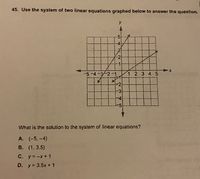 45. Use the system of two linear equations graphed below to answer the question.
y
-4
-5-4-3-2-1
1 2 3 4 5
:3
%3D4
What is the solution to the system of linear equations?
A. (-5.-4)
B. (1.3.5)
C. y=-x+ 1
D. y 3.5x + 1
