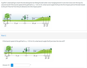 A golfer is attempting to reach the elevated green by hitting his ball under a low-hanging branch in one tree A, but over the top of a
second tree B. If the launch speed of the golf ball is vo = 115 mi/hr, what launch angle will put the first impact point of the ball closest
to the pin? How far from the pin (distance d) is this impact point?
VO
0
16
yd
Part 1
VO
16
A
yd
27'
A
27'
72 yd
If the launch speed of the golf ball is vo = 115 mi/hr, what launch angle will just clear the tree at B?
Answer: 0 = i
B
72 yd
69'
B
36'
69'
82 yd
36'
10 10
yd yd
82 yd
10 '10
yd yd