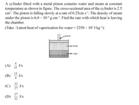 A cylinder fitted with a metal piston contains water and steam at constant
temperature as shown in figure. The cross-sectional area of the cylinder is 2.5
cm?. The piston is falling slowly at a rate of 0.25cm s-'. The density of steam
under the piston is 6.0 × 10+g cm³. Find the rate with which heat is leaving
the chamber.
(Take : Latent heat of vaporization for water = 2250 x 10 J kg-'):
- piston
steam
water
(A) J/s
15
15
(В)
J/s
4
32
(C)
J/s
27
27
(D)
J/s
