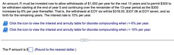 An amount, P, must be invested now to allow withdrawals of $1,000 per year for the next 13 years and to permit $300 to
be withdrawn starting at the end of year 5 and continuing over the remainder of the 13-year period as the $300
increases by 6% per year thereafter. That is, the withdrawal at EOY six will be $318.00, $337.08 at EOY seven, and so
forth for the remaining years. The interest rate is 10% per year.
Click the icon to view the interest and annuity table for discrete compounding when i= 6% per year.
Click the icon to view the interest and annuity table for discrete compounding when i = 10% per year.
The P amount is $
(Round to the nearest dollar.)